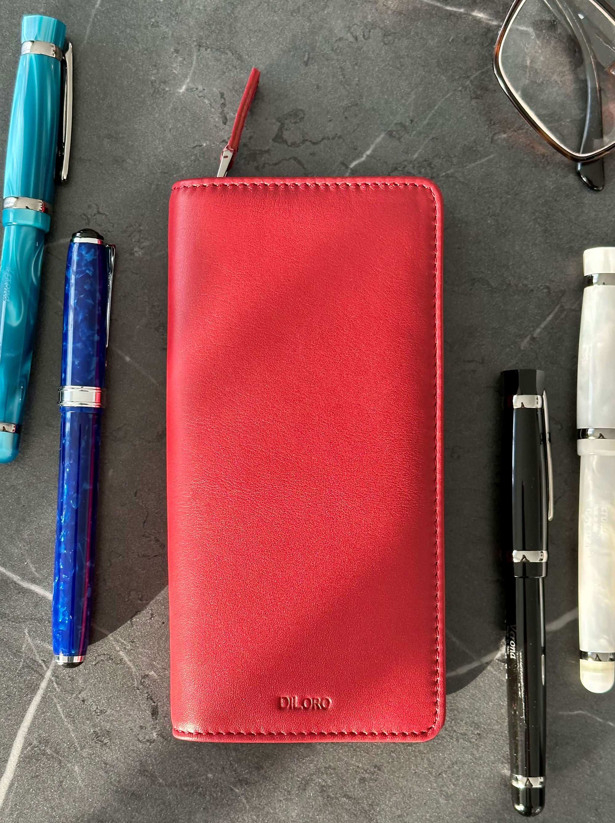Zippered Three or Four Fountain Pen Pencil Reading- Sunglass Holder in Full Grain Leather Venetian Red Front