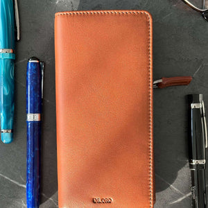 Zippered Three or Four Fountain Pen Pencil Reading- Sunglass Holder in Full Grain Leather Bugatti Tan Front