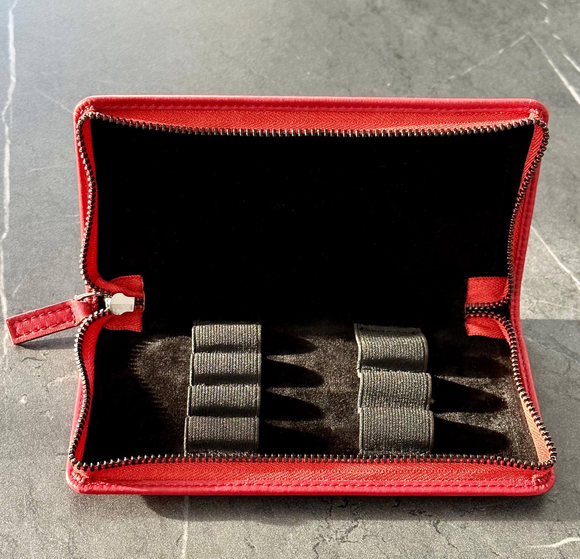 Zippered Three or Four Fountain Pen Pencil Reading- Sunglass Holder in Full Grain Leather Venetian Red Inside View