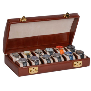 Italian Leather Watch Case Holds Twelve Men's Watches Coffee Brown (watches not included)