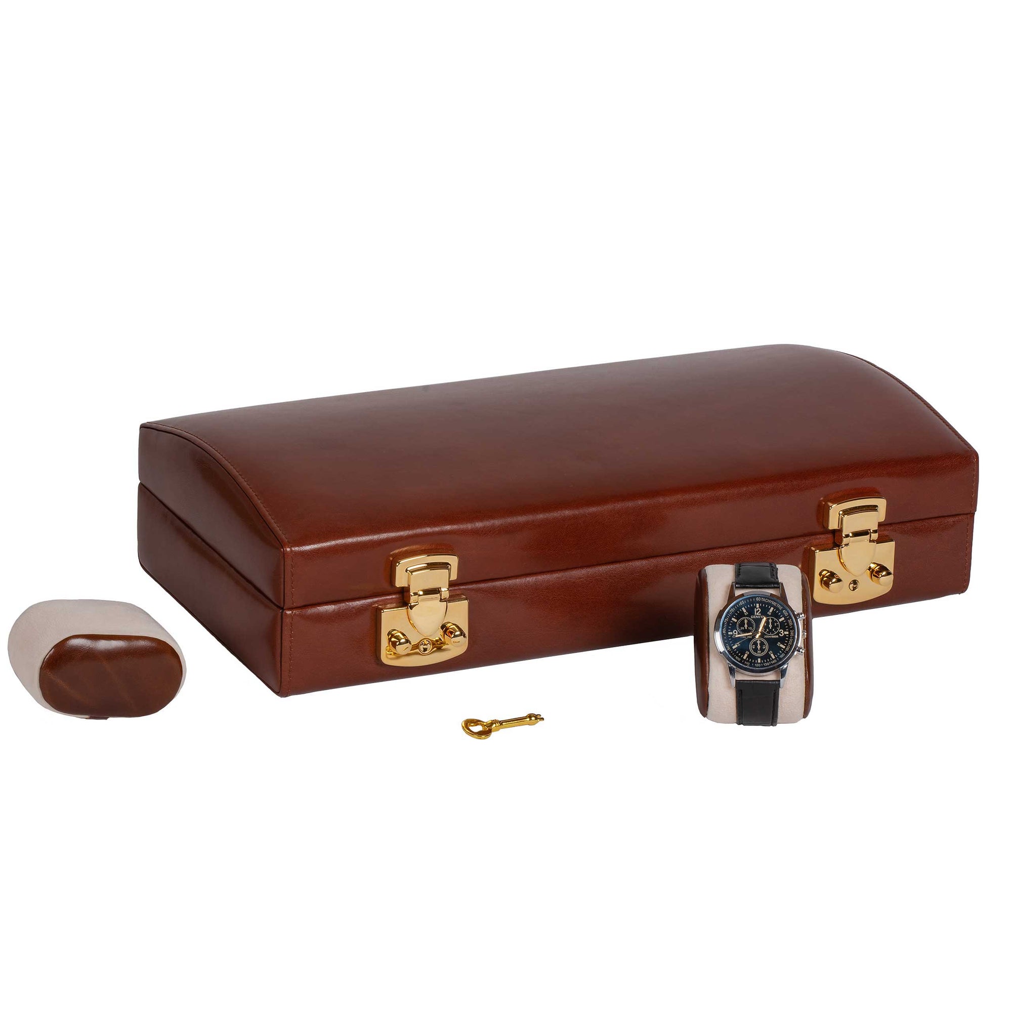 Italian Leather Watch Case Holds Twelve Men's Watches Coffee Brown - Closed View with Watch Pillows (watch not included)