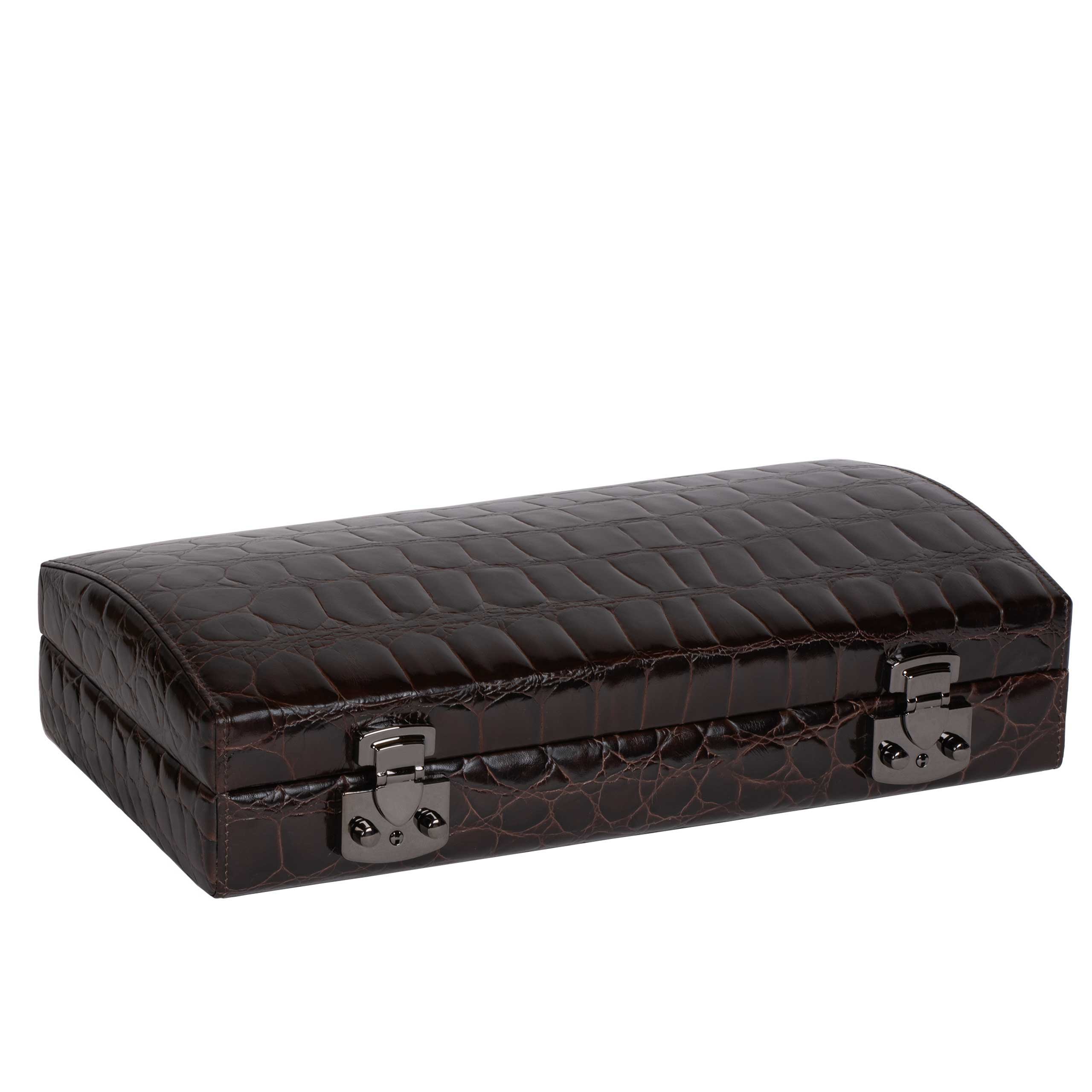 Italian Leather Watch Case Holds Twelve Men's Watches Croc Print Brown - Closed, Front View