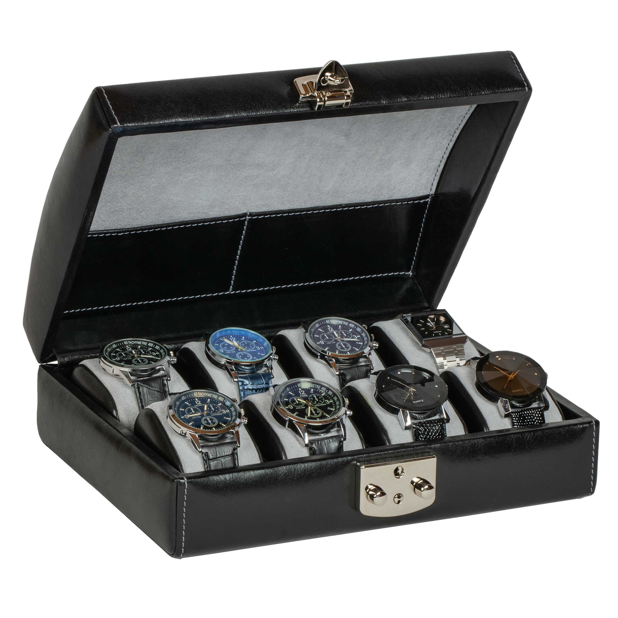 DiLoro Italian Leather Travel Watch Case Holds Eight Watches Midnight Black - Inside View (watch not included)