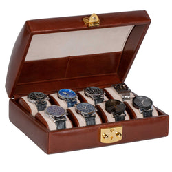 DiLoro Italian Leather Travel Watch Case Holds Eight Watches in Coffee Brown - Open Inside View (watches not included)