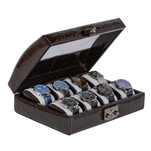 DiLoro Italian Leather Travel Watch Case Holds Eight Watches Brown Croc Print - Open, inside view with watches (not included)