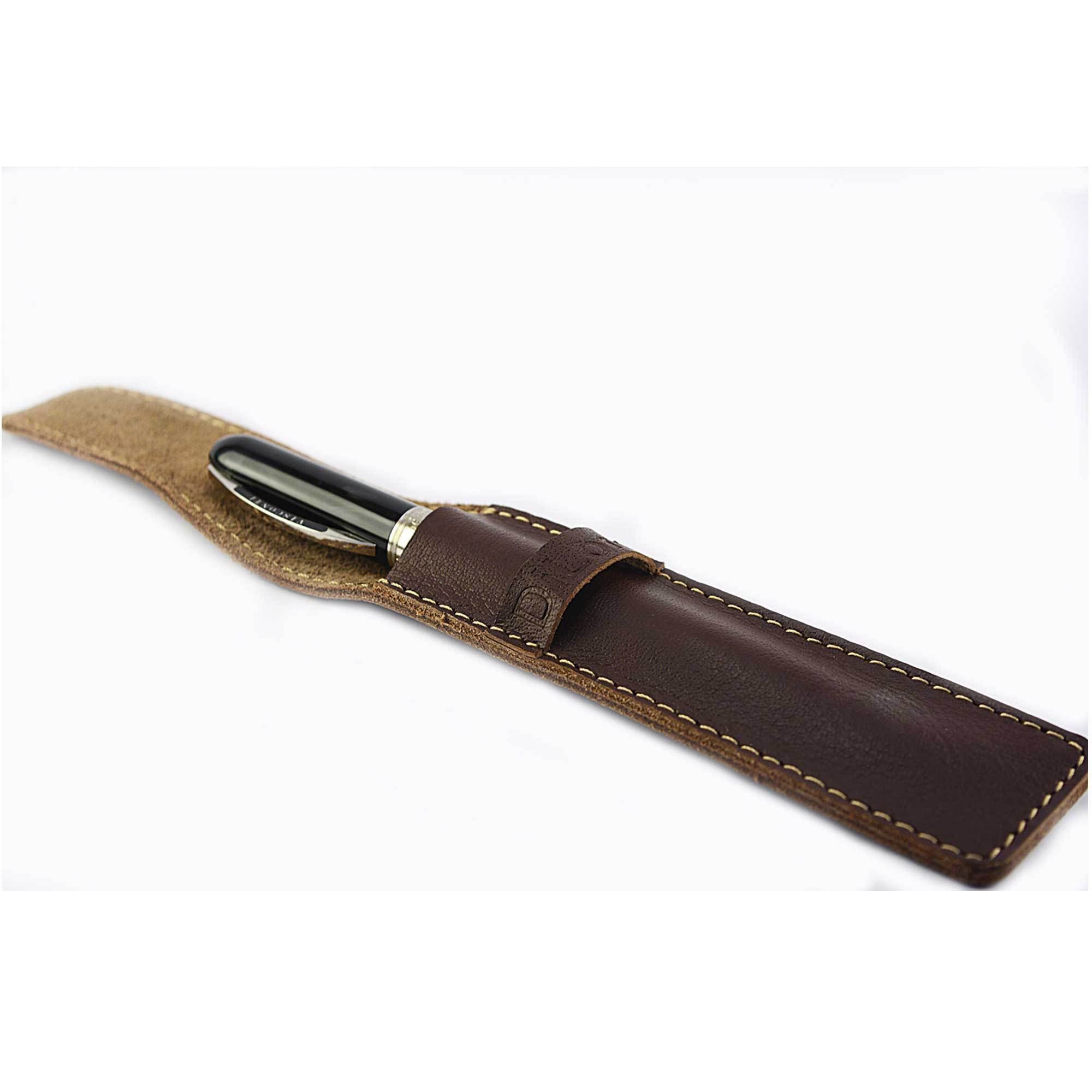 DiLoro Single Leather Pen Holder in Brown Full Grain Leather. Side view open with a Visconti pen inside (pen not included)