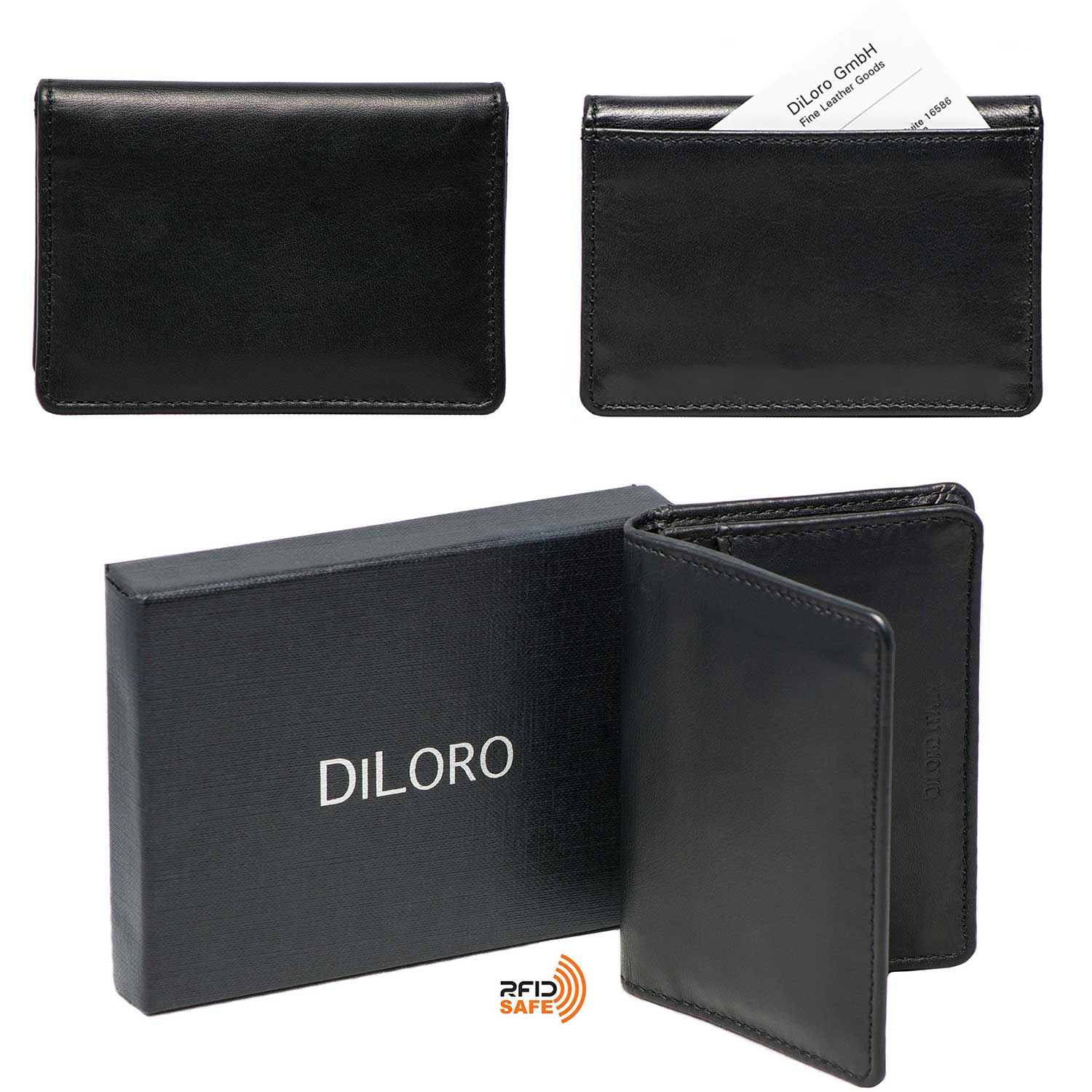 DiLoro Travel Leather Business Card Wallet Black - Front & Back View with Gift Box