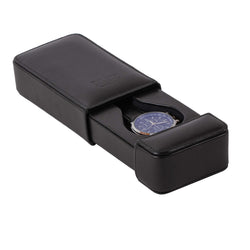 DiLoro Italian Leather Single Travel Watch Case Holder in Black Made in Italy - Open View with Men's Wrist Watch (not included)