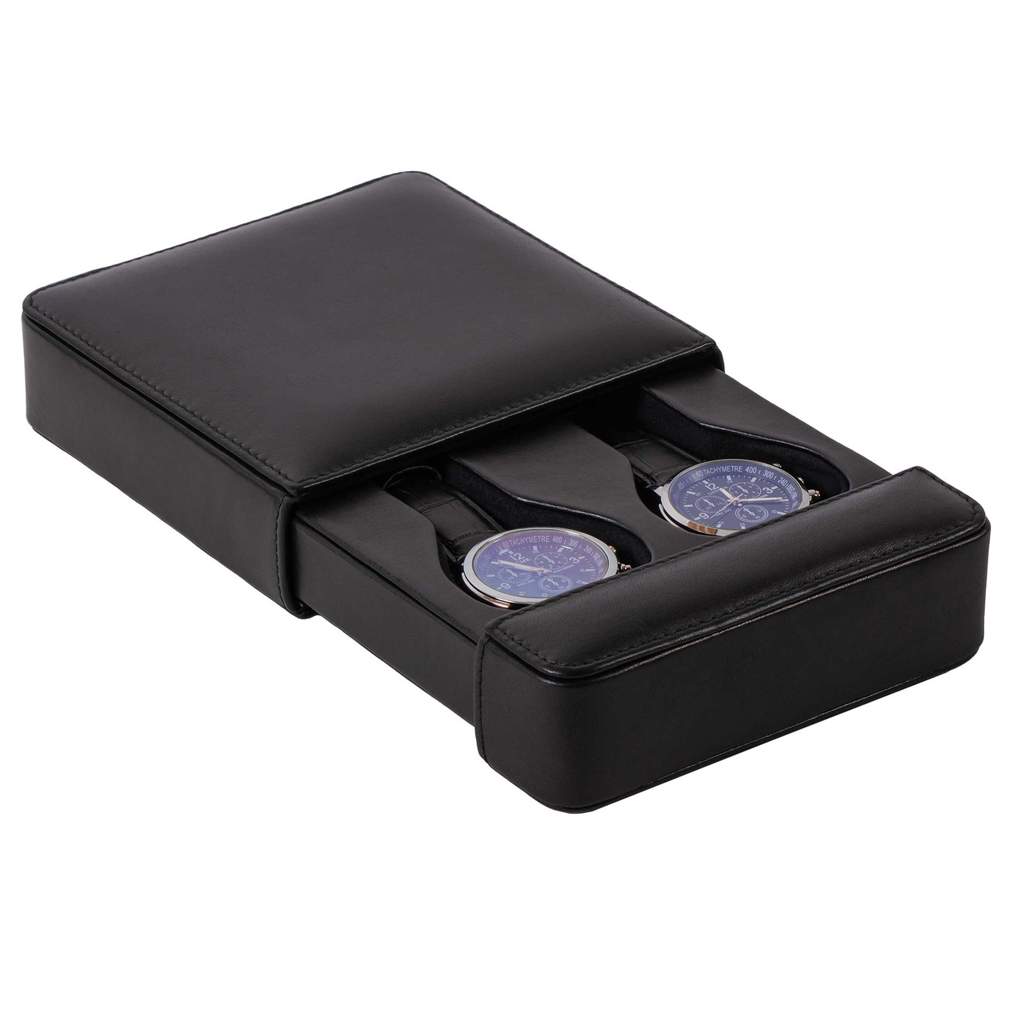 DiLoro Italian Leather Double Travel Watch Box Case Holder in Black - Open with 2 Men's Wrist Watches (not included)