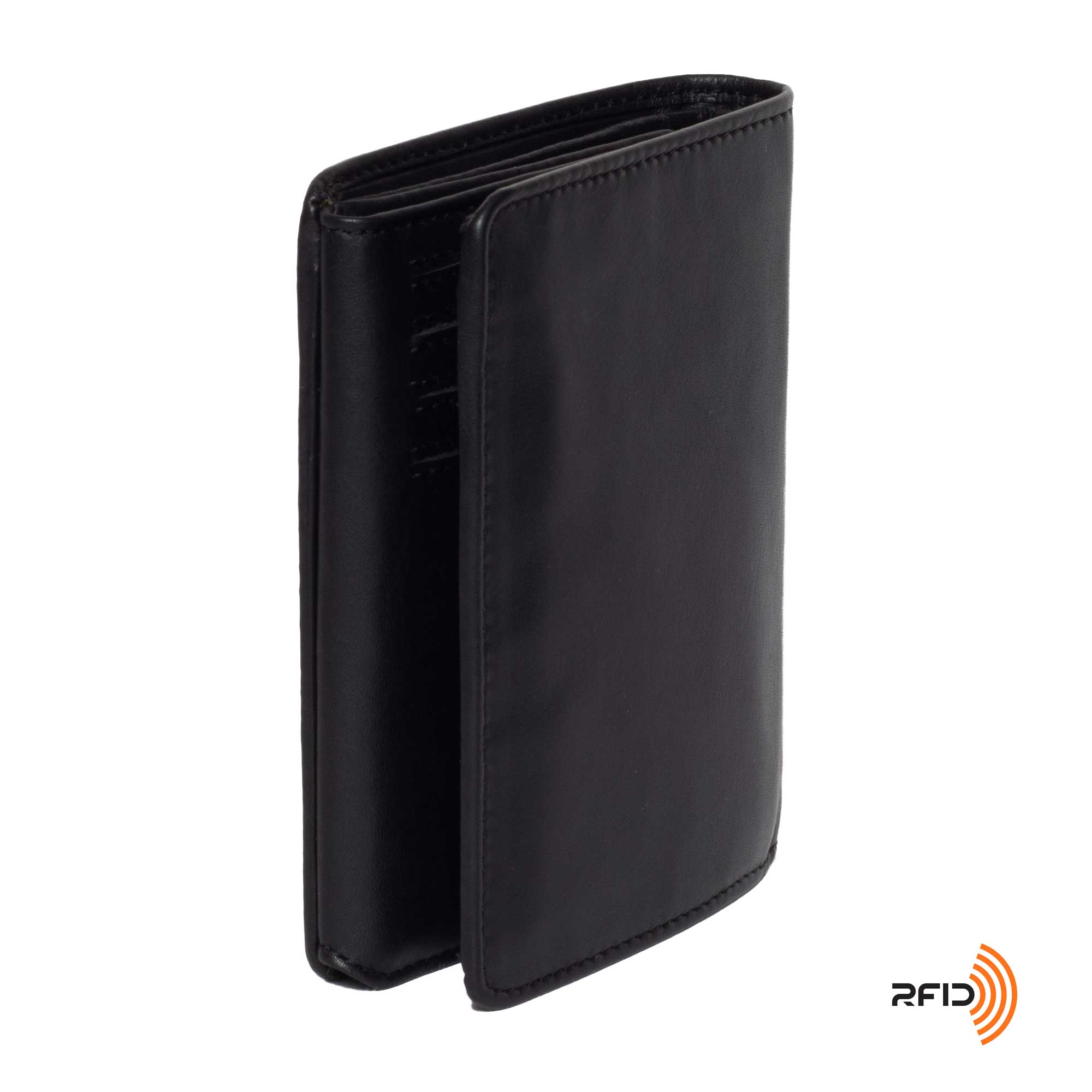 DiLoro Men's Vertical Leather Bifold Flip ID Zip Coin Wallet Black with RFID Protection  - Back, Side View