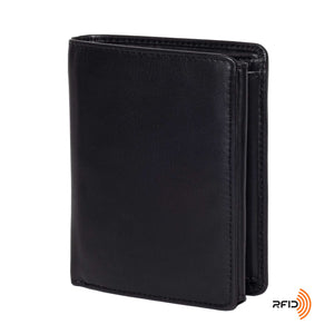 DiLoro Men's Vertical Leather Bifold Flip ID Zip Coin Wallet Black with RFID Protection  - Front, Side View