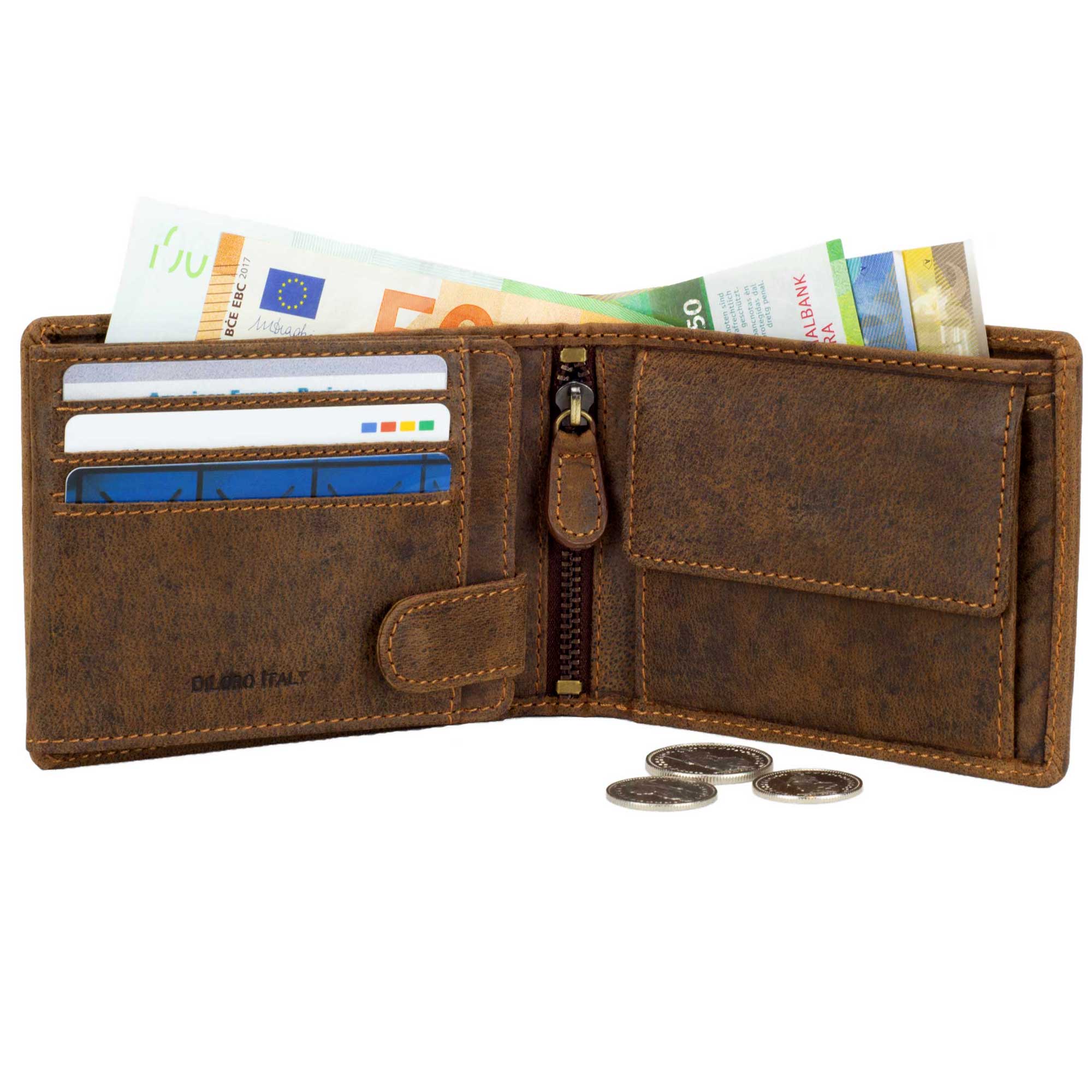 DiLoro Men's Leather Bifold Flip ID Zip Coin Wallet with RFID Protection - Dark Hunter Brown