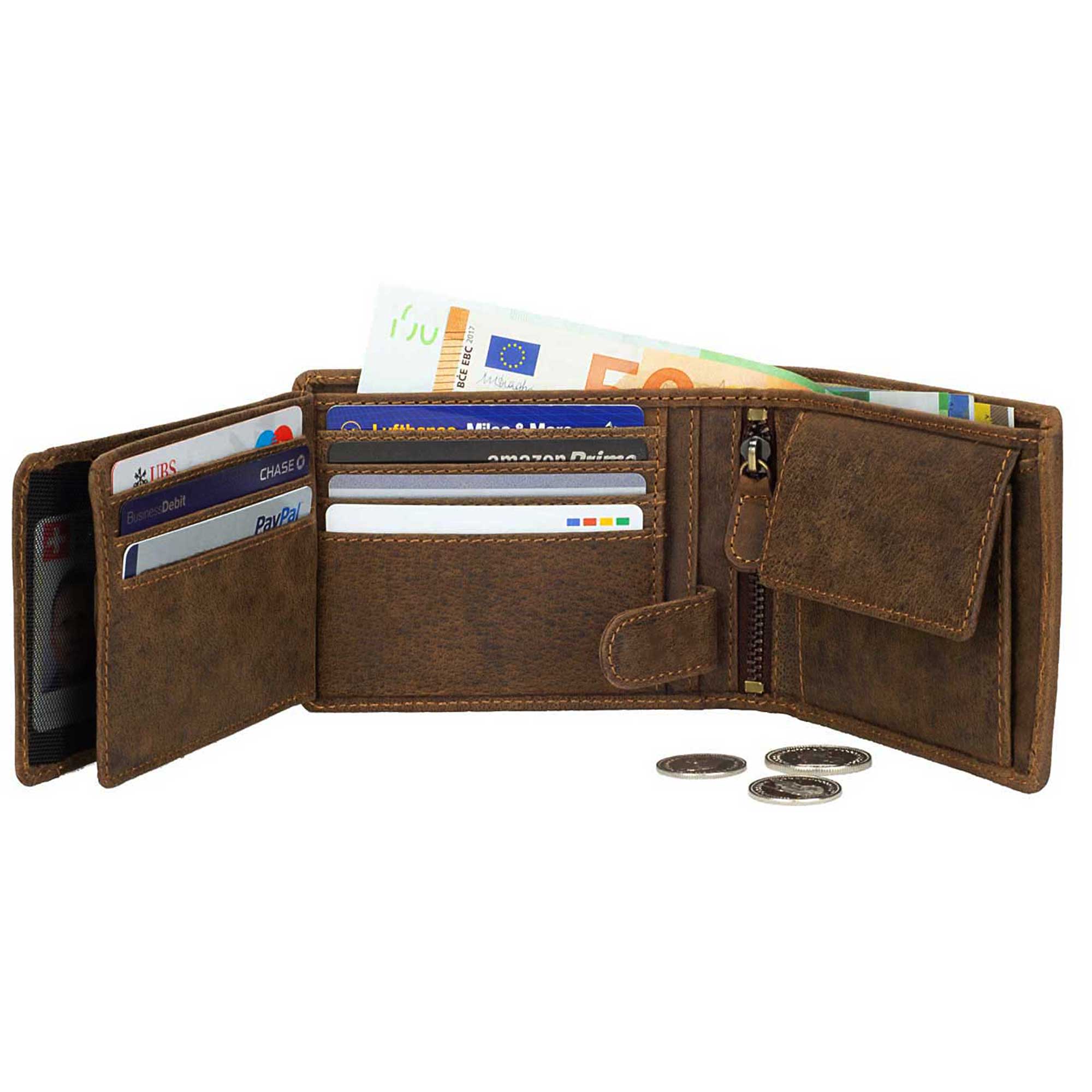 DiLoro Men's Leather Bifold Flip ID Zip Coin Wallet with RFID Protection - Fully Open Dark Hunter Brown