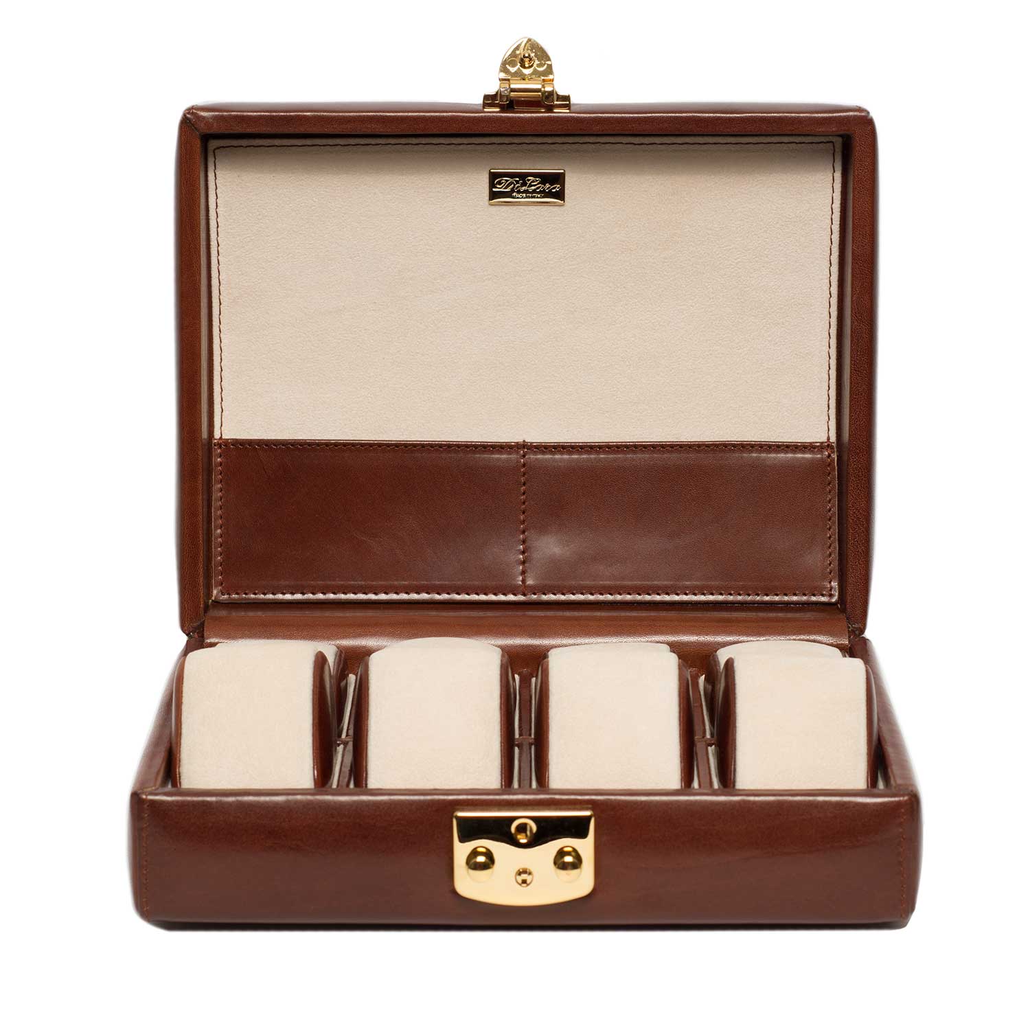 DiLoro Italian Leather Travel Watch Case Holds Eight Watches in Coffee Brown - Front, Open