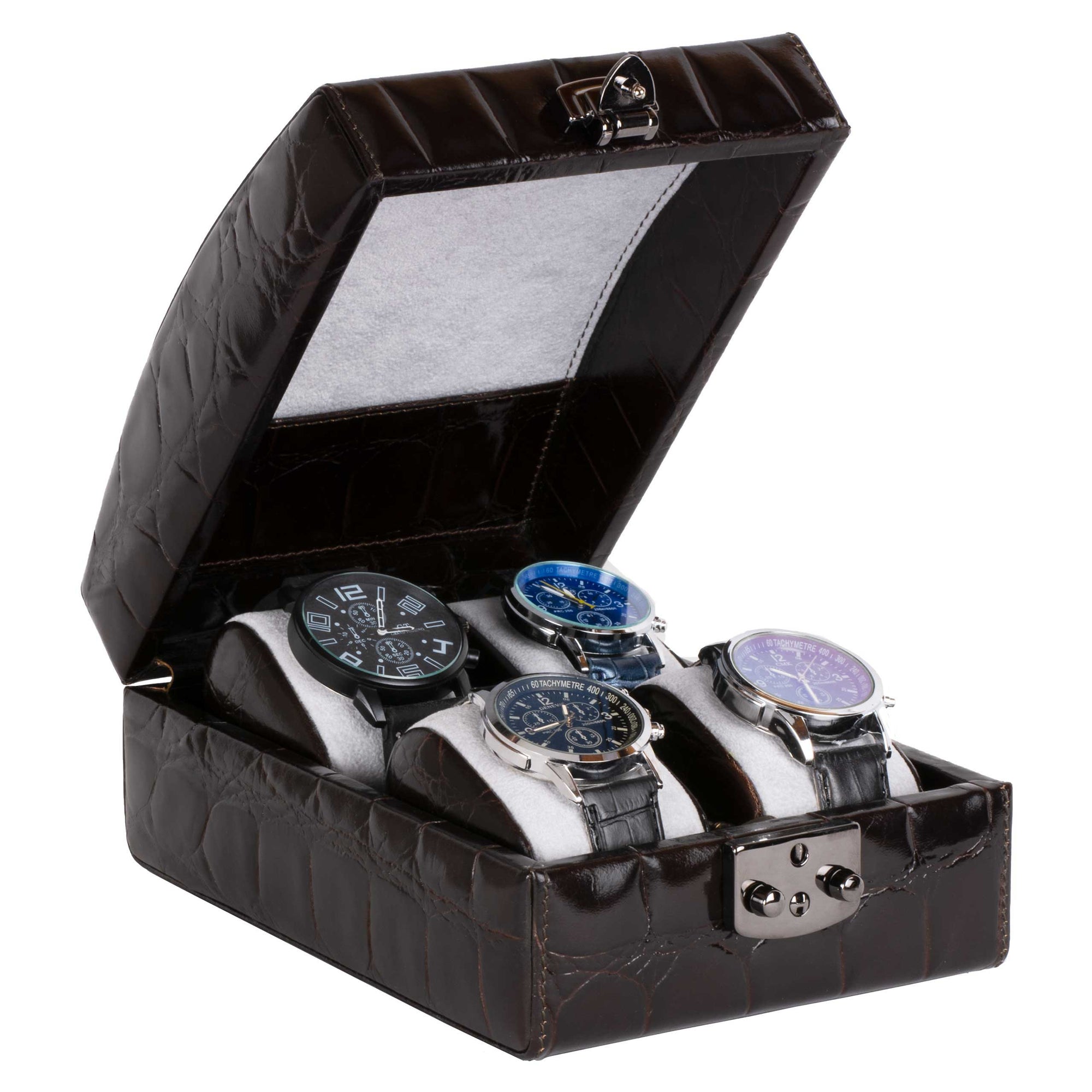 DiLoro Italian Leather Four Watch Case Box in Dark Brown Croc Print  - Open (watches not included)