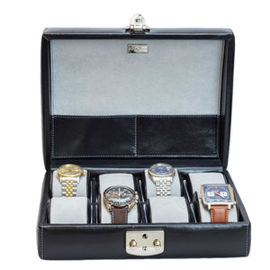 DiLoro Italian Leather Travel Watch Case Holds Eight Watches Midnight Black - Front, Open with Watches (not included)