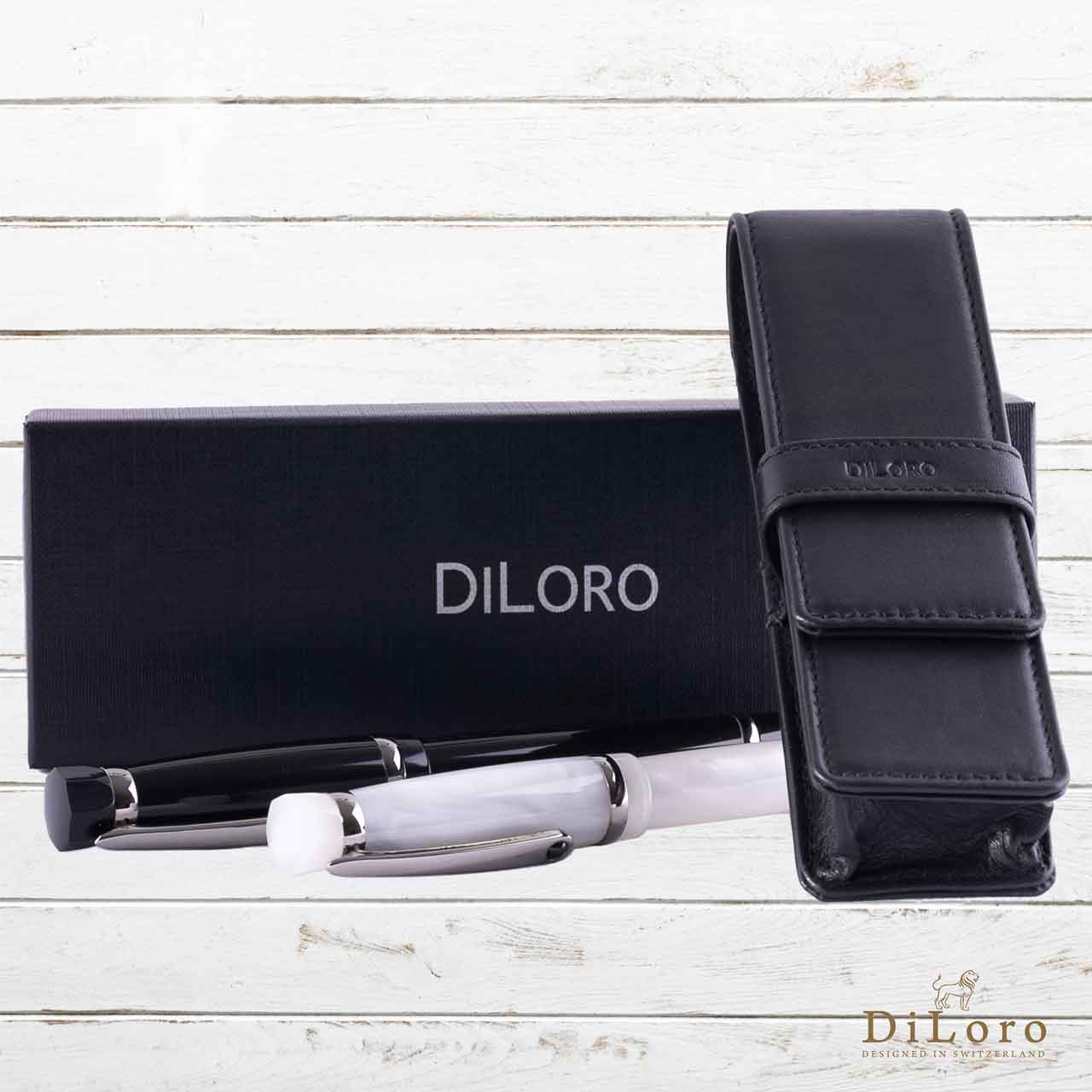 DiLoro Double Pen Case Holder in Top Quality, Full Grain Nappa Leather - Black