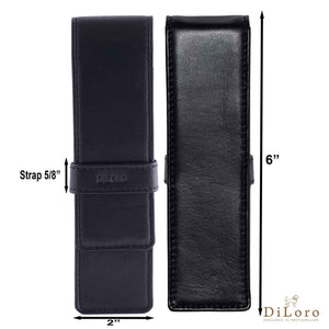 DiLoro Double Pen Case Holder in Top Quality, Full Grain Nappa Leather Black - Front and Back View with Dimensions