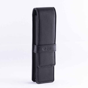 DiLoro Double Pen Case Holder in Top Quality, Full Grain Nappa Leather - Black Front Side View