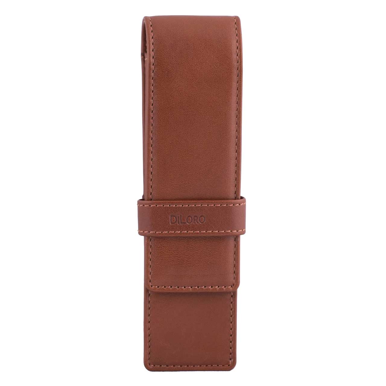 DiLoro Double Pen Case Holder in Top Quality, Full Grain Nappa Leather - Bugatti Tan, Front