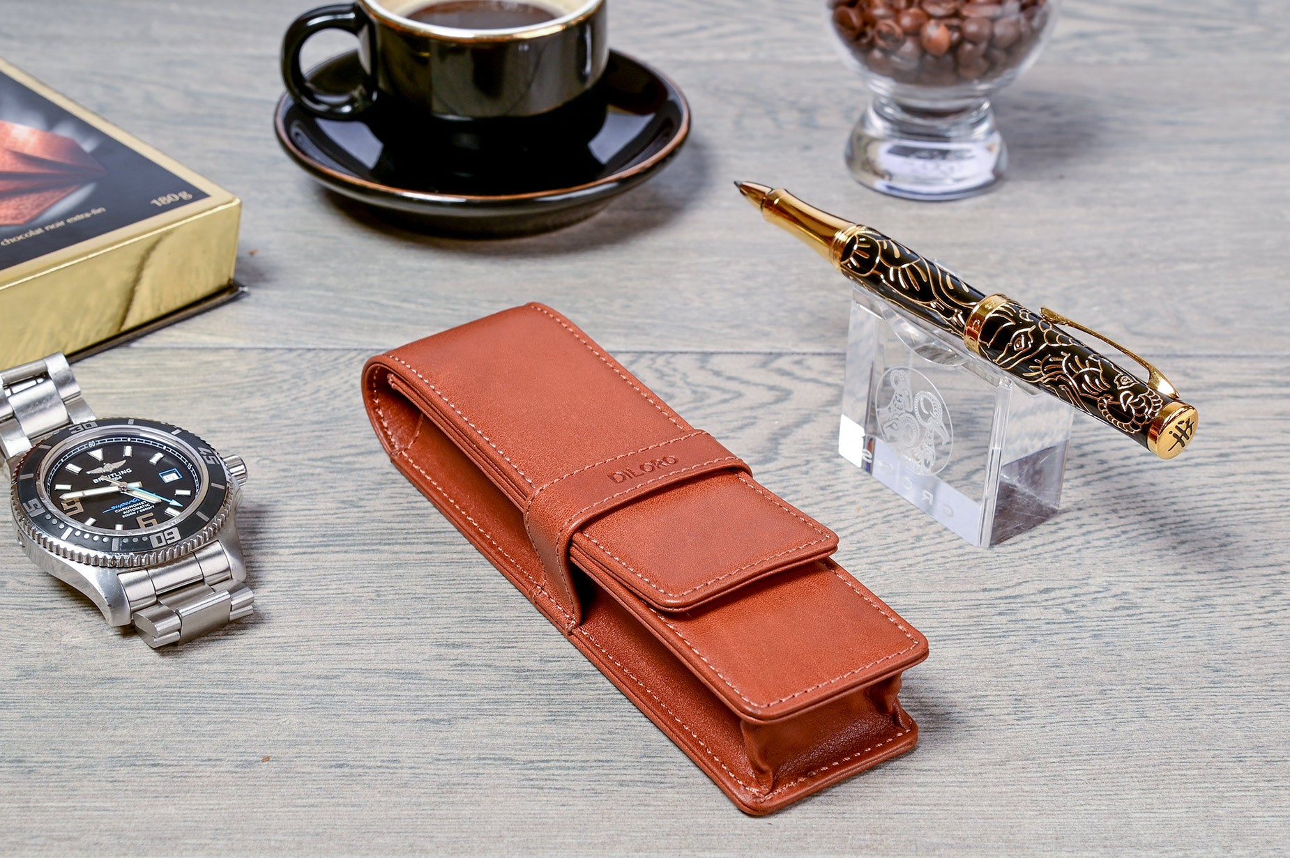 DiLoro Double Pen Case Holder in Top Quality, Full Grain Nappa Leather - Bugatti Tan, Lifestyle Image