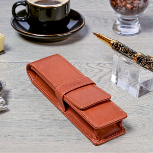 DiLoro Double Pen Case Holder in Top Quality, Full Grain Nappa Leather - Bugatti Tan, Lifestyle Image