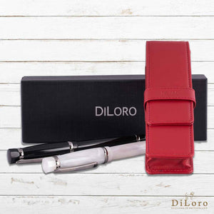 DiLoro Double Pen Case Holder in Top Quality, Venetian Red, Full Grain Nappa Leather - Gift Box shown with two pens (not included)