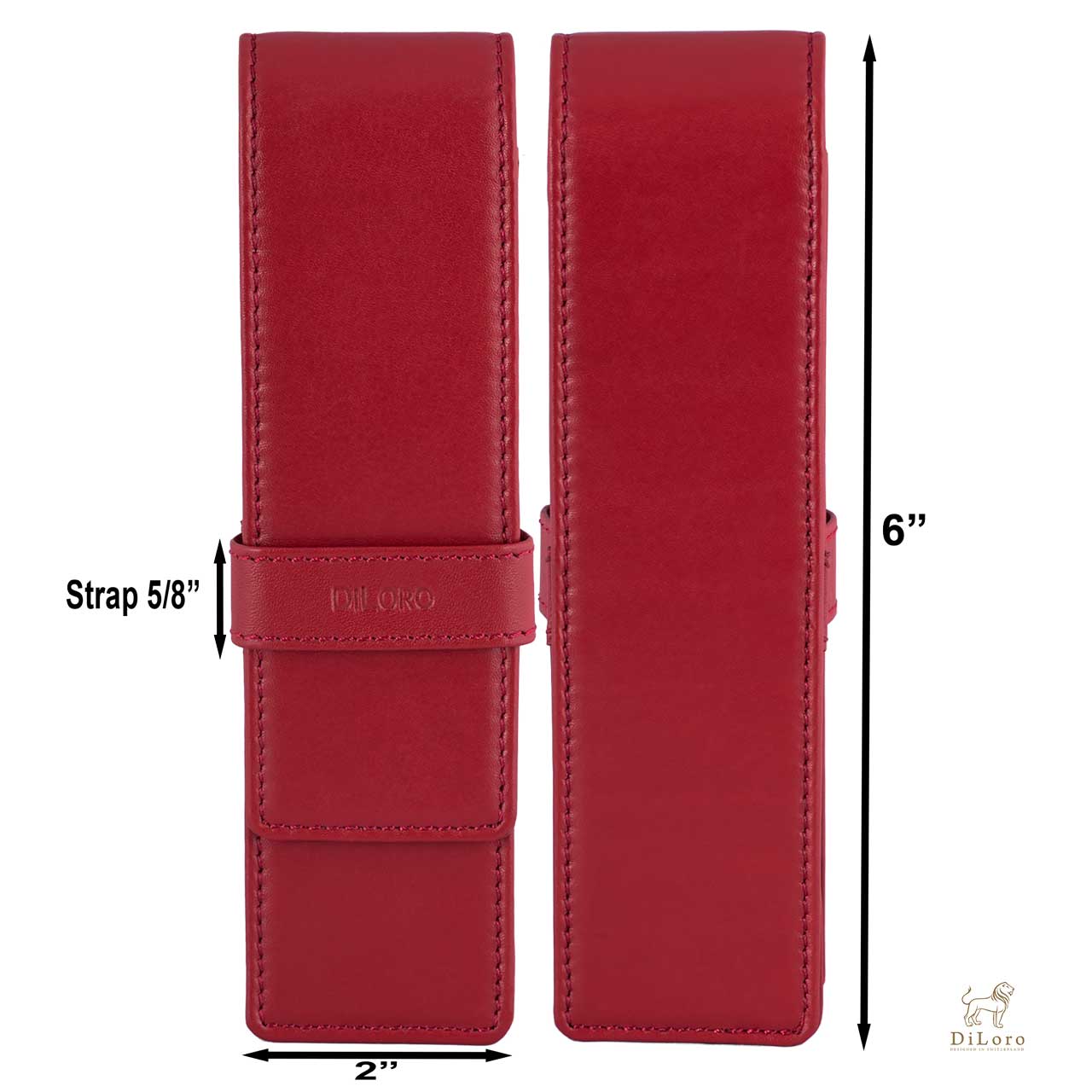 DiLoro Double Pen Case Holder in Top Quality, Venetian Red, Full Grain Nappa Leather - Front and Back View with Dimensions
