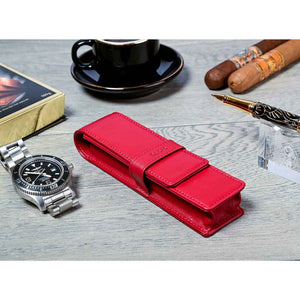 DiLoro Double Pen Case Holder in Top Quality, Venetian Red, Full Grain Nappa Leather - Lifestyle Picture