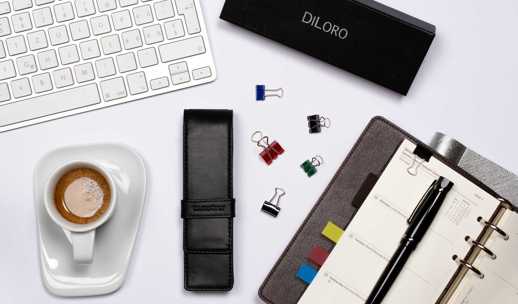 DiLoro Double Pen Case Holder in Top Quality, Full Grain Nappa Leather - Black (pens not included)