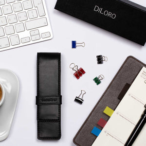 DiLoro Double Pen Case Holder in Top Quality, Full Grain Nappa Leather - Black (pens not included)