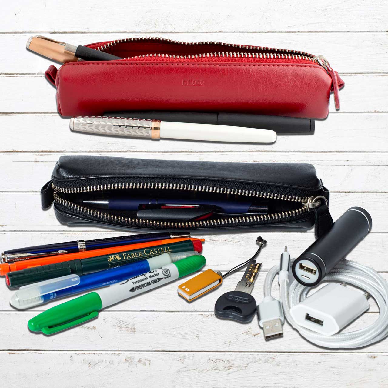 DiLoro Pen & Pencil Case: Venetian Red and Black YKK zippered pencil, pen case made from top quality, full grain nappa leather. Ideal for when you travel to keep your favorite pen, pencils, fountain pen, calligraphy pens, gel pens, stylus pen protected from getting scratched up