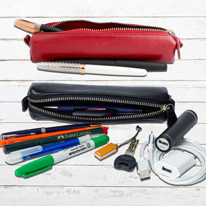 DiLoro Pen & Pencil Case: Venetian Red and Black YKK zippered pencil, pen case made from top quality, full grain nappa leather. Ideal for when you travel to keep your favorite pen, pencils, fountain pen, calligraphy pens, gel pens, stylus pen protected from getting scratched up