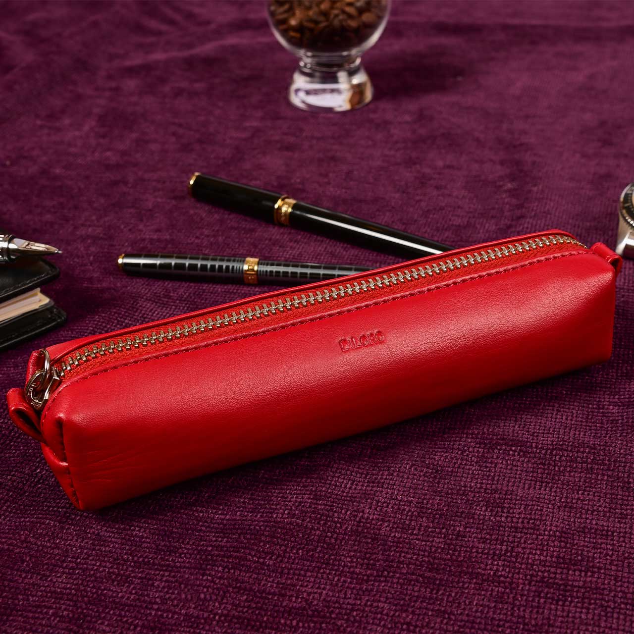 Multi-Purpose Zippered Leather Pen Pencil Case in  Red - Lifestyle Image (R.Santana)