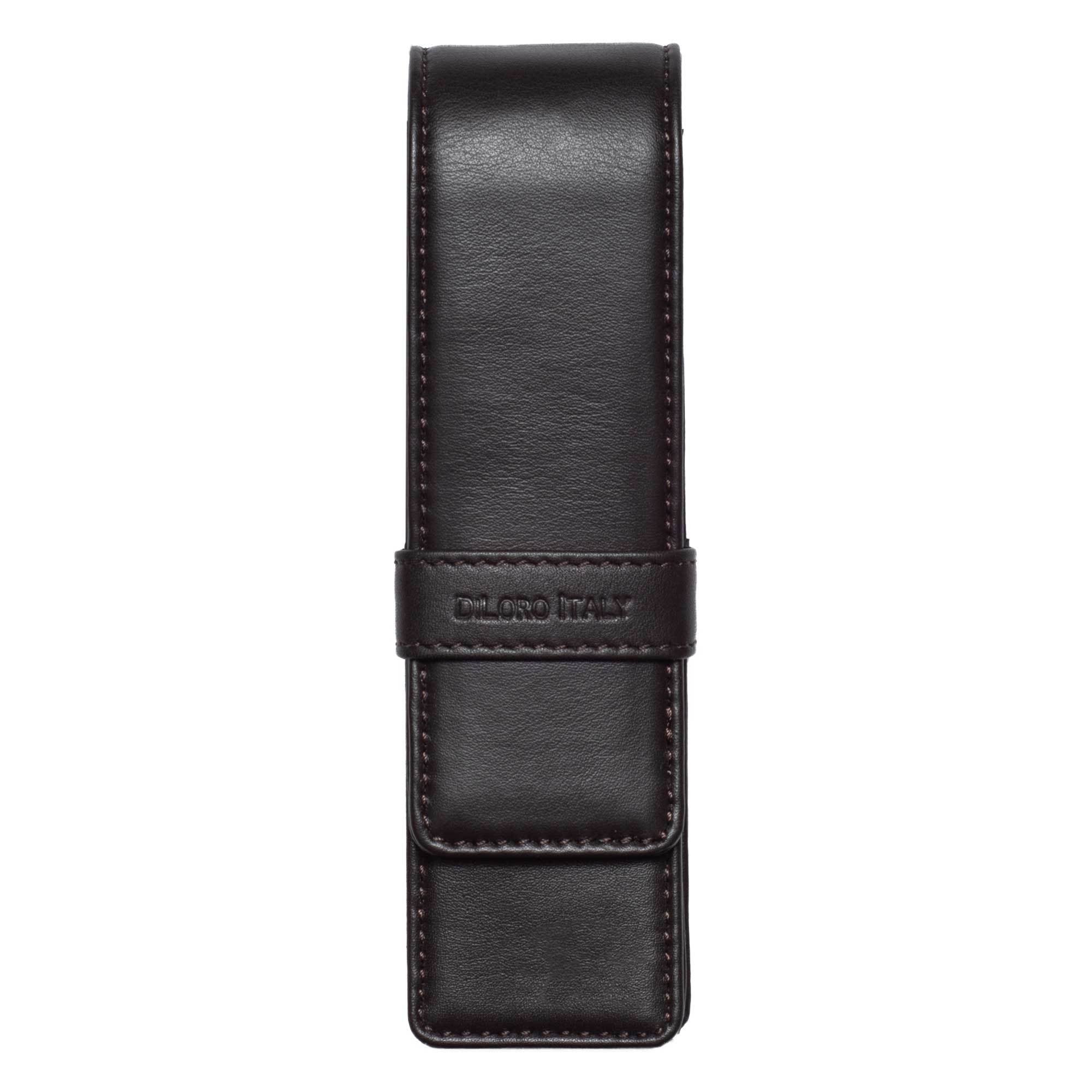 DiLoro Full Grain Leather Pen Holder Case - Handmade Pencil Pouch For 2 Pens Black