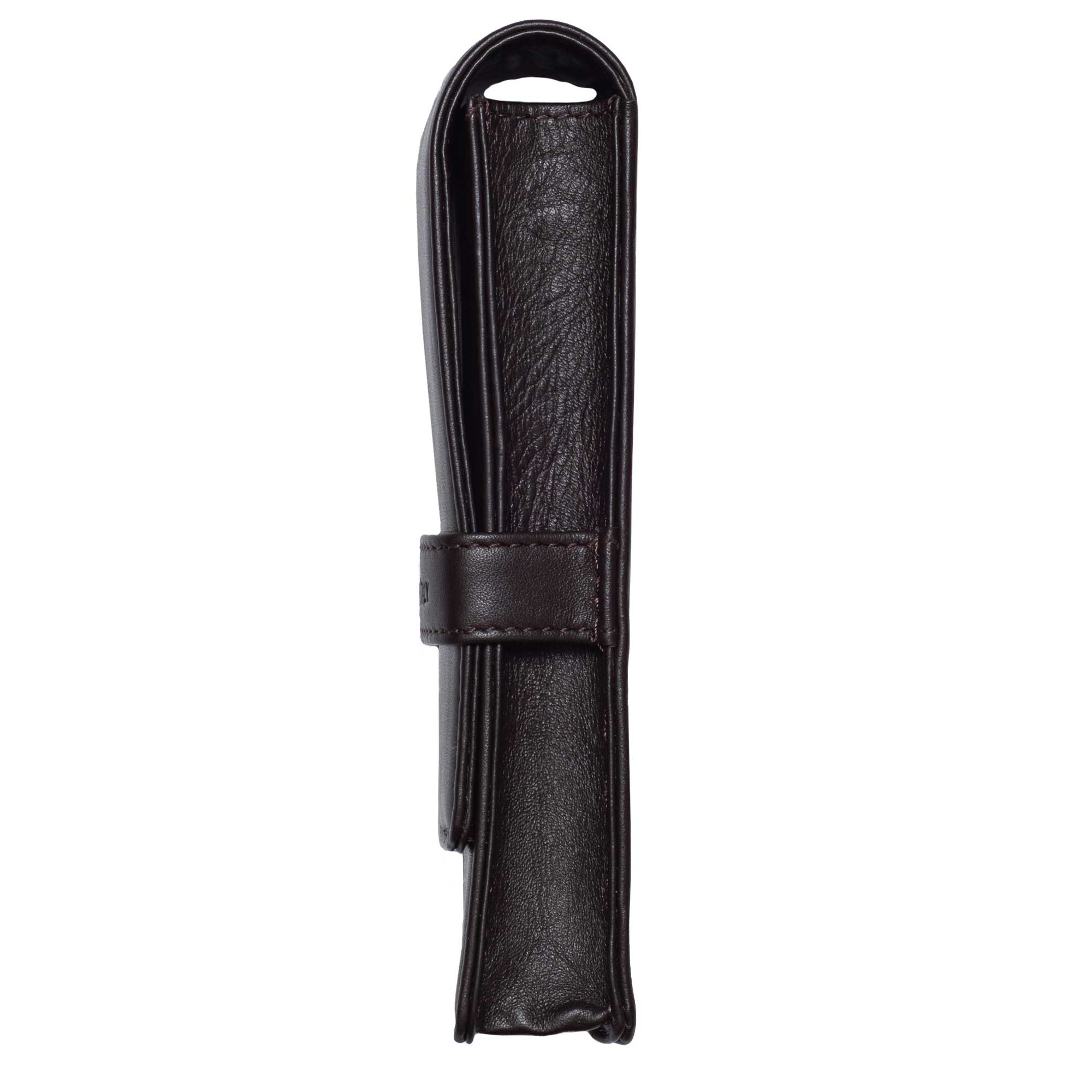 DiLoro Double Pen Case Holder in Top Quality, Full Grain Nappa Leather - Dark Brown (side, profile view)