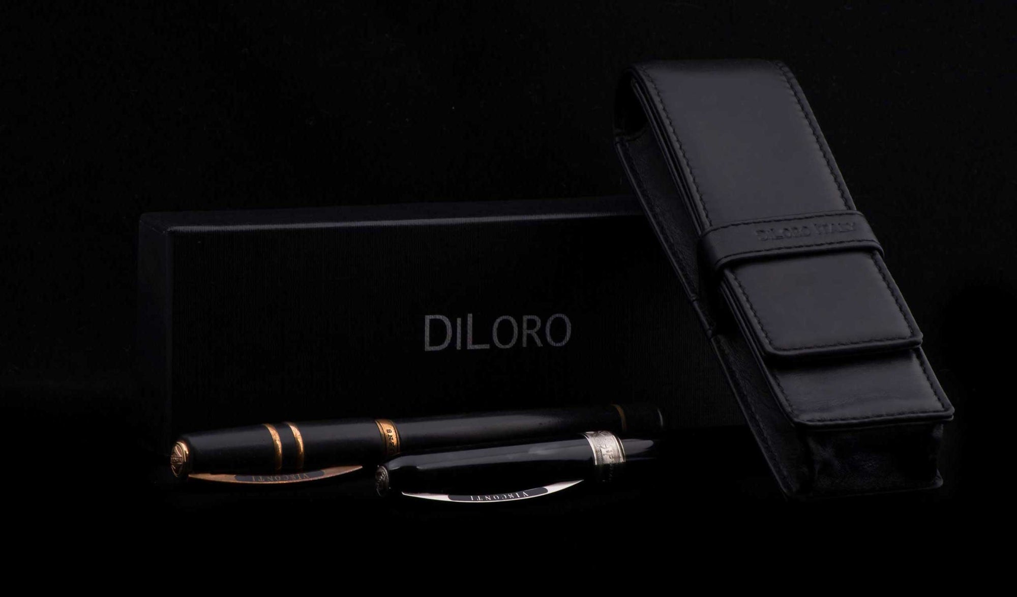 DiLoro Double Pen Case Holder in Top Quality, Full Grain Nappa Leather - Black, Dark Brown with old logo (pens not included)