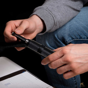 DiLoro Single Leather Pen Holder in Black - Full Grain Leather shown with a Parker 5th pen (pen not included)