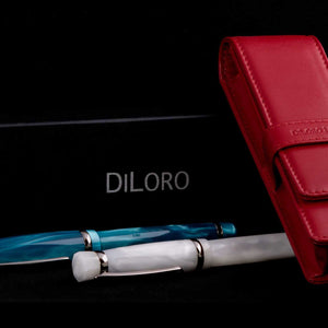 DiLoro Double Pen Case Holder in Top Quality, Full Grain Nappa Leather - Red  with old logo (pens not included)
