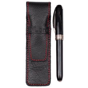 DiLoro Leather Pen Case Holder Black with Red Stitching for One Single Pen or Mechanical Pencil - Designed in Switzerland (Pen not included)
