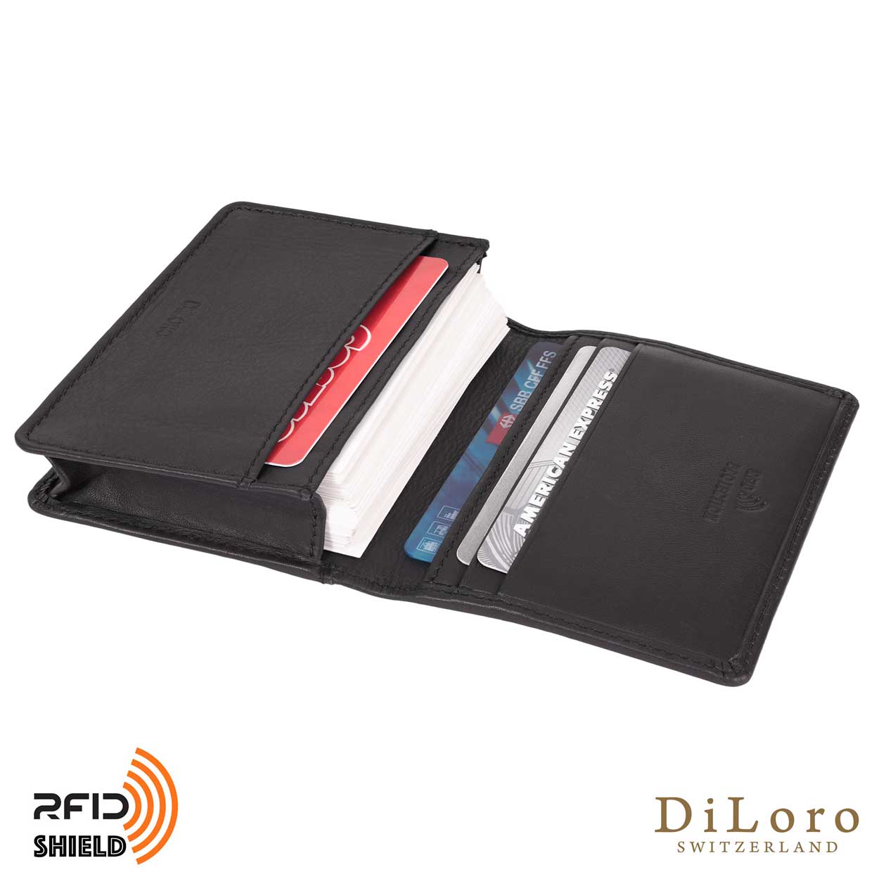 DiLoro Travel Leather Business Card Wallet Black - Open, Inside View