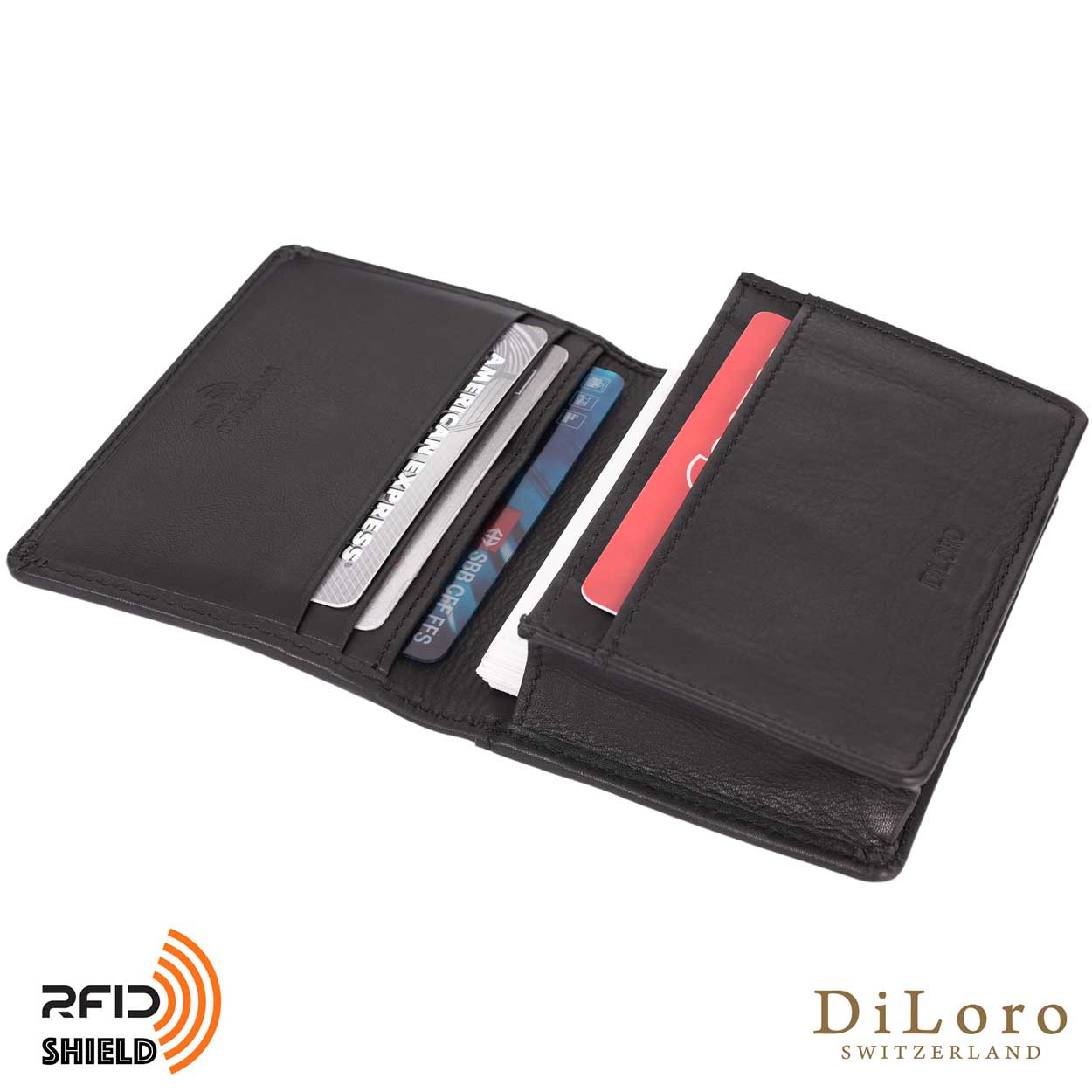 DiLoro Travel Leather Business Card Wallet Black - Open, Inside View