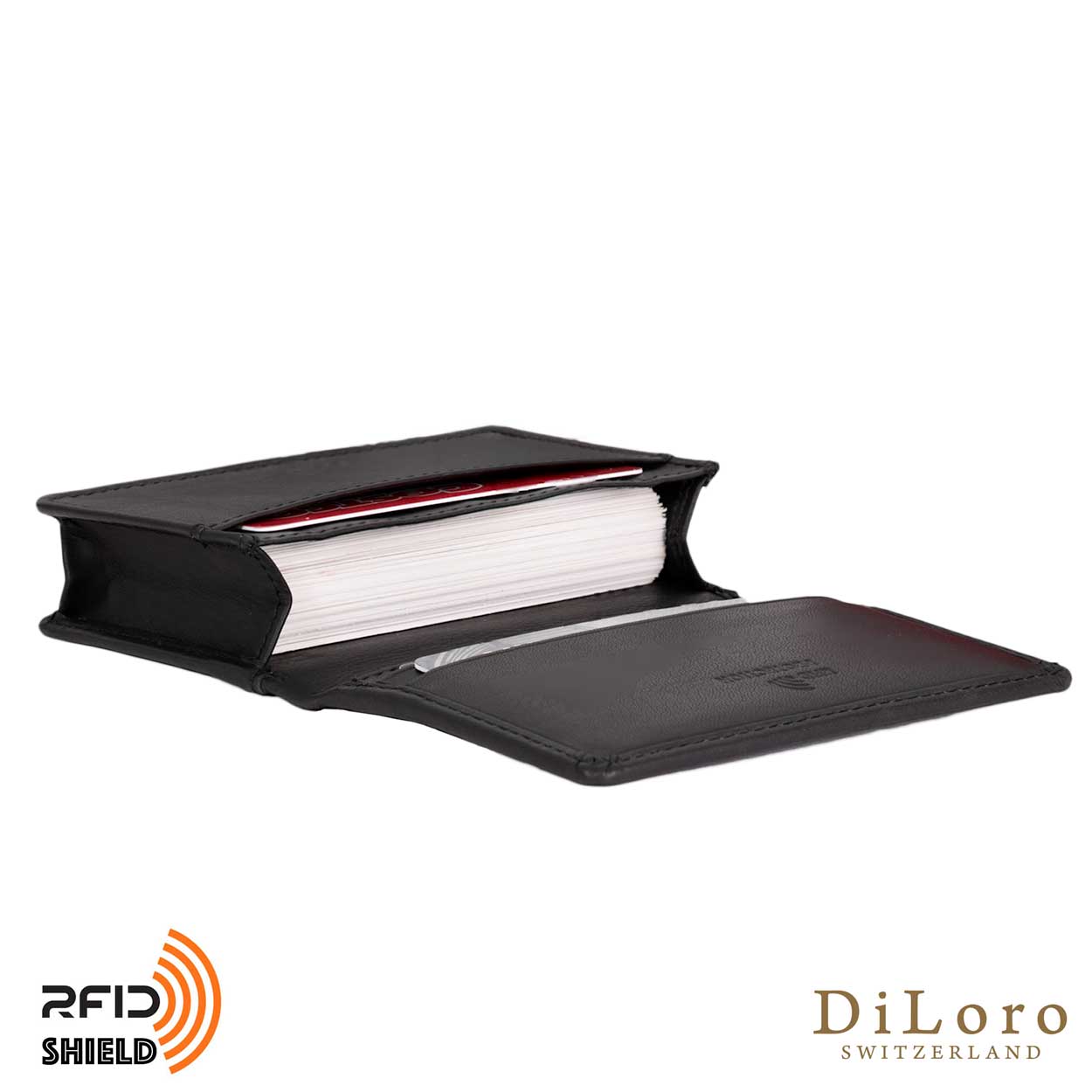 DiLoro Travel Leather Business Card Wallet Black - Open, Inside View
