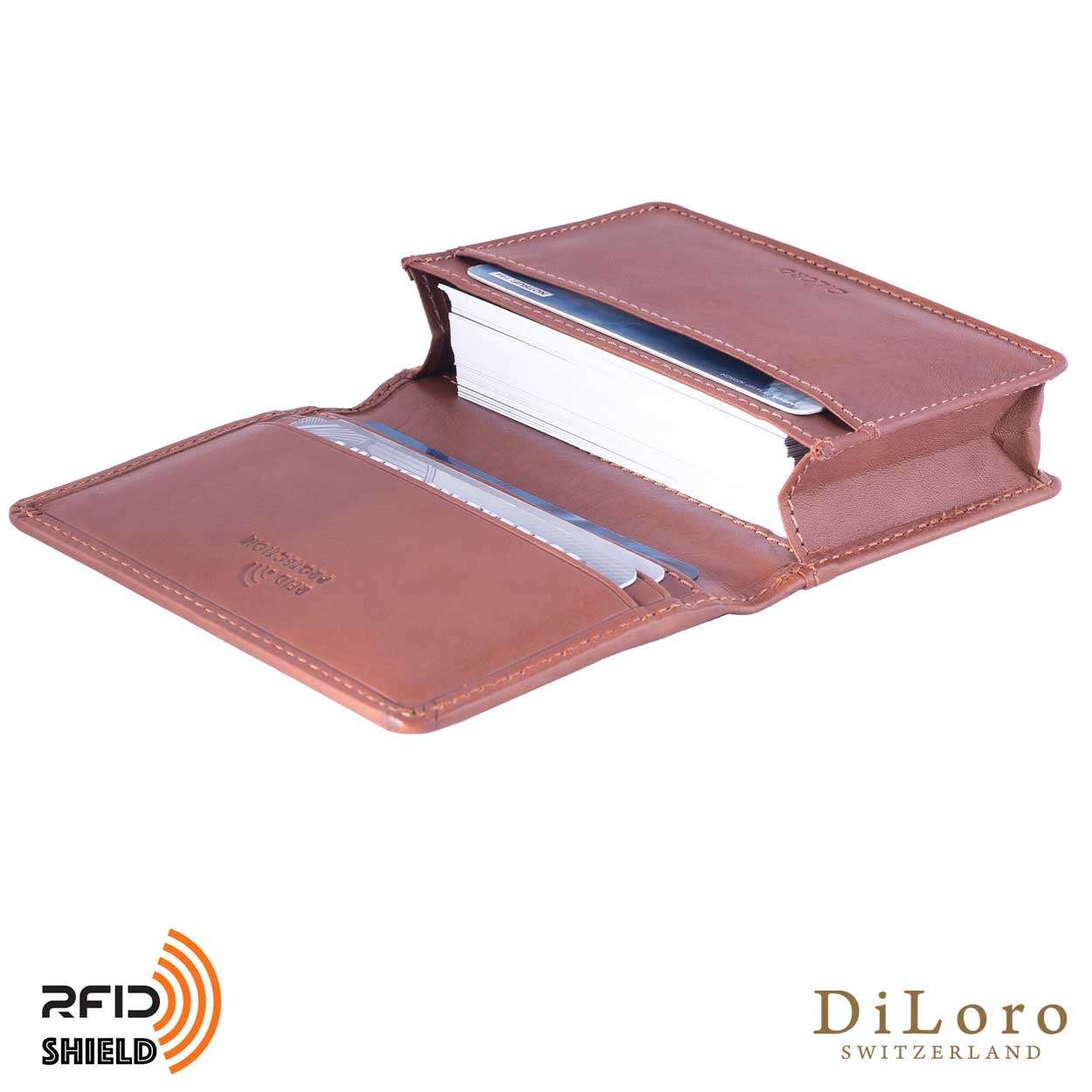 DiLoro Italy RFID Blocking Bifold Slim Genuine Leather Business Card Wallet Bugatti Tan - Open, Inside View
