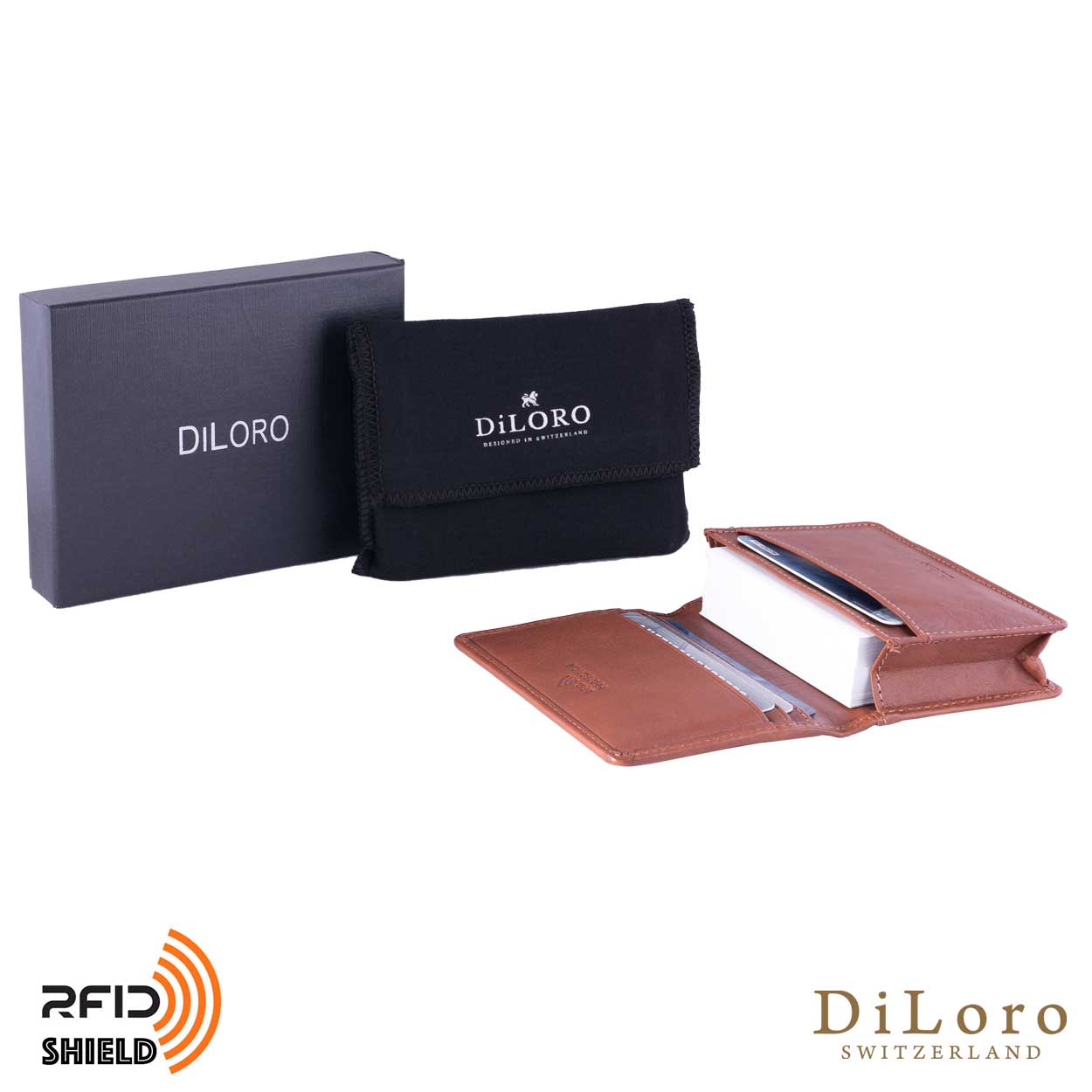 DiLoro Italy RFID Blocking Bifold Slim Genuine Leather Business Card Wallet Bugatti Tan - Open, Inside View with DiLoro Gift Box and Dust Bag
