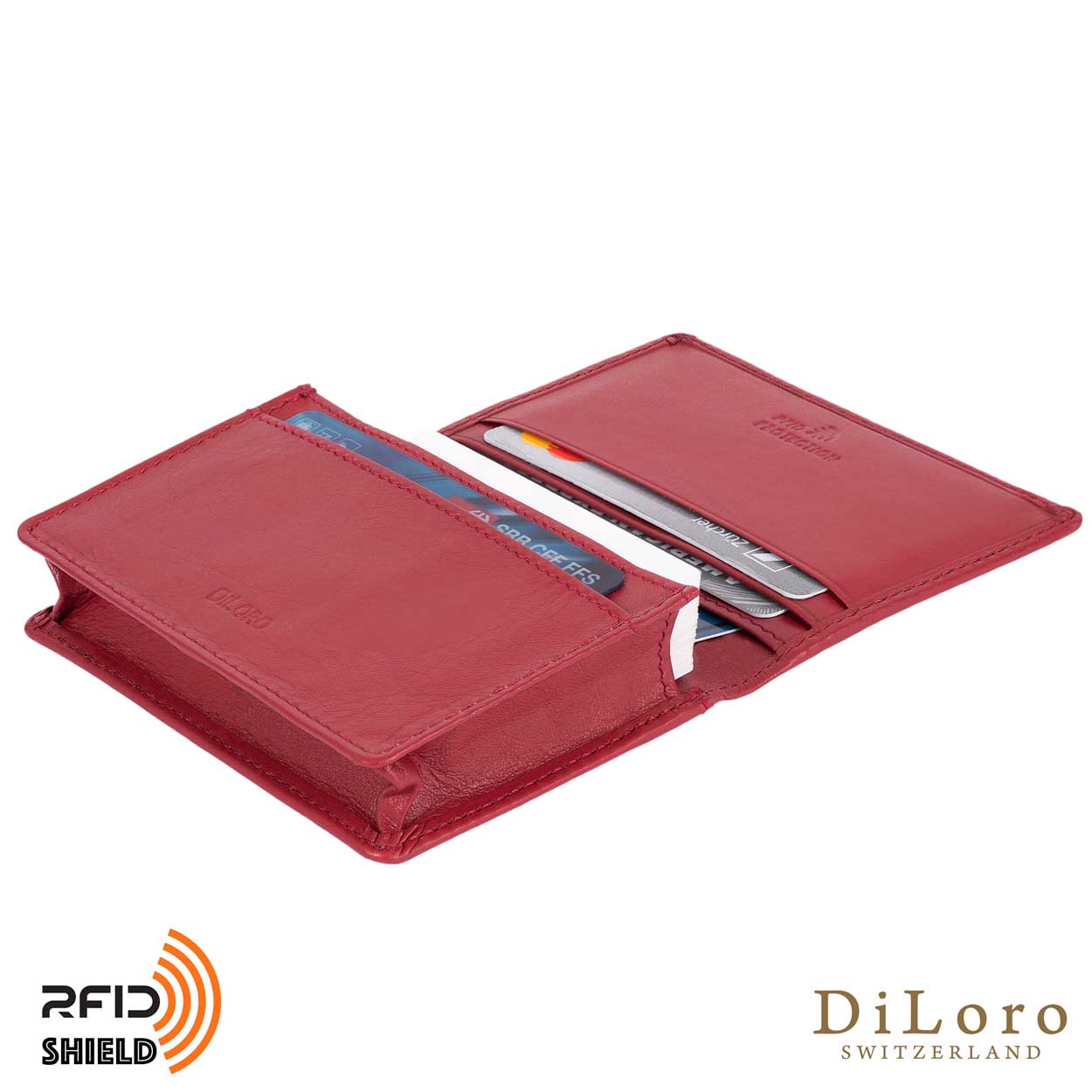 DiLoro Travel Leather Business Card Wallet Red - Open, Inside View 