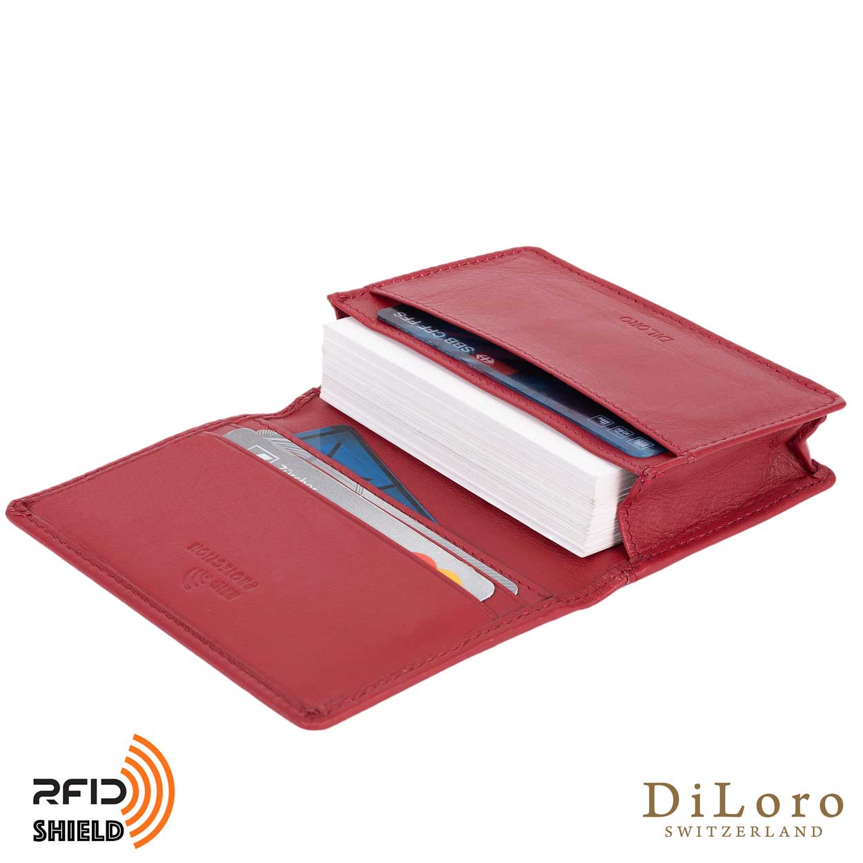 DiLoro Travel Leather Business Card Wallet Red - Open, Inside View 