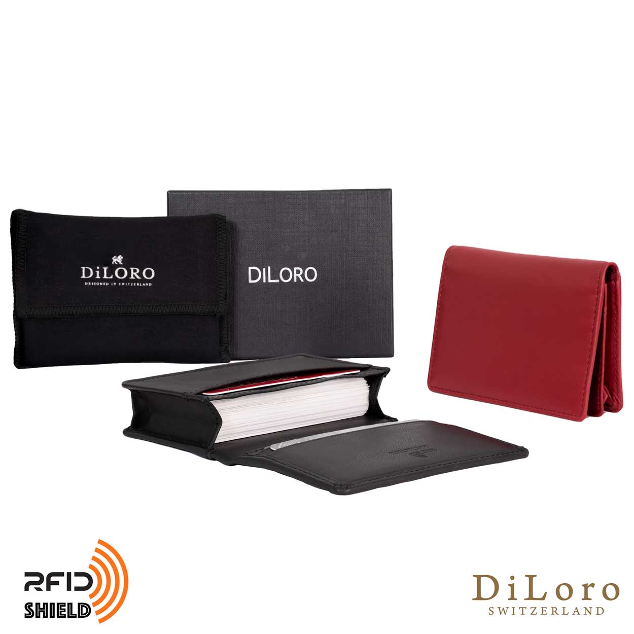 DiLoro Travel Leather Business Card Wallets - Black & Red with Gift Box and Dust Bag