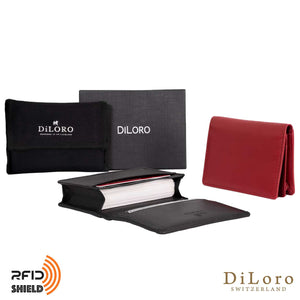 DiLoro Travel Leather Business Card Wallets - Black & Red with Gift Box and Dust Bag