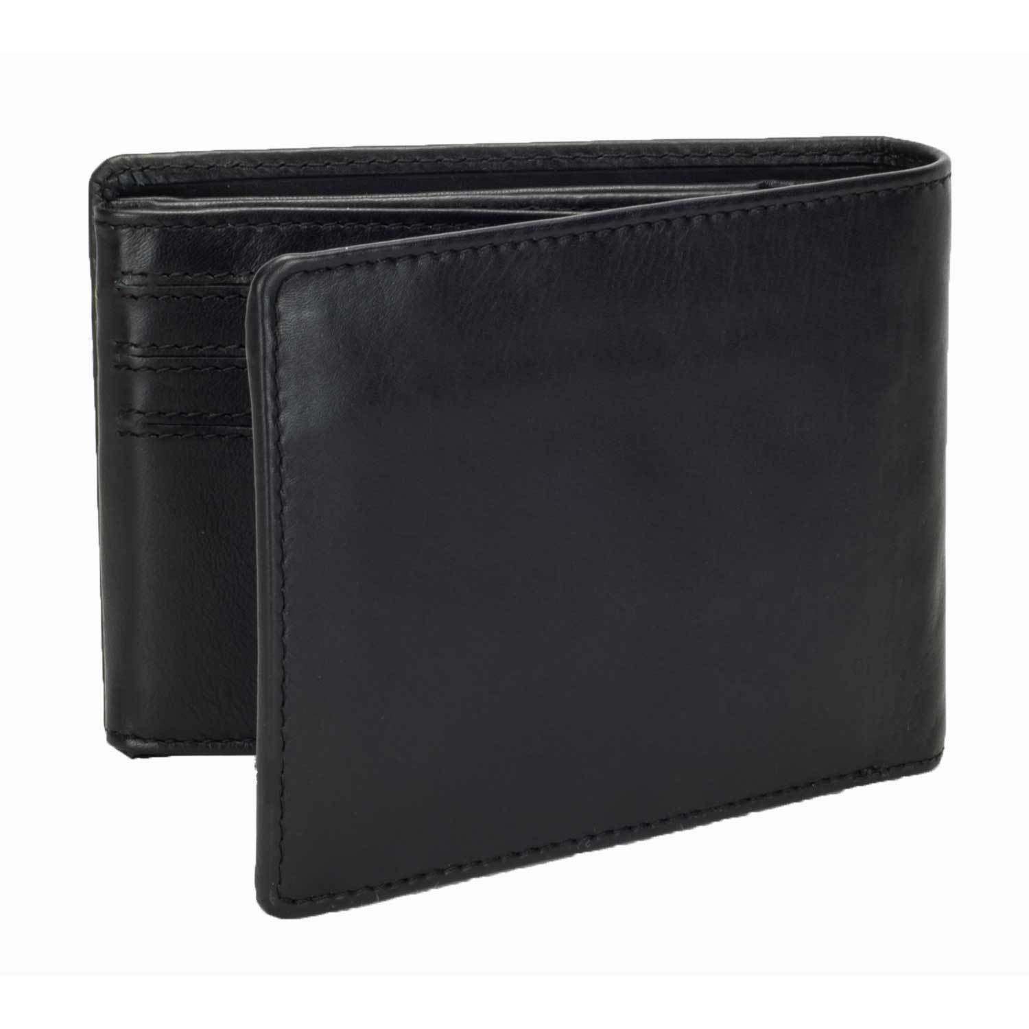 DiLoro Men's Leather Bifold Flip ID Zip Coin Wallet with RFID Protection in Black. Full grain nappa leather - best quality leather! Back, side view